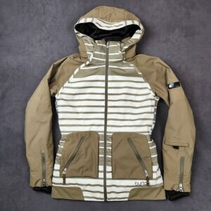 Burton Dante Snowboard Jacket Womens Small Tan White Stripe Hooded Insulated Ski